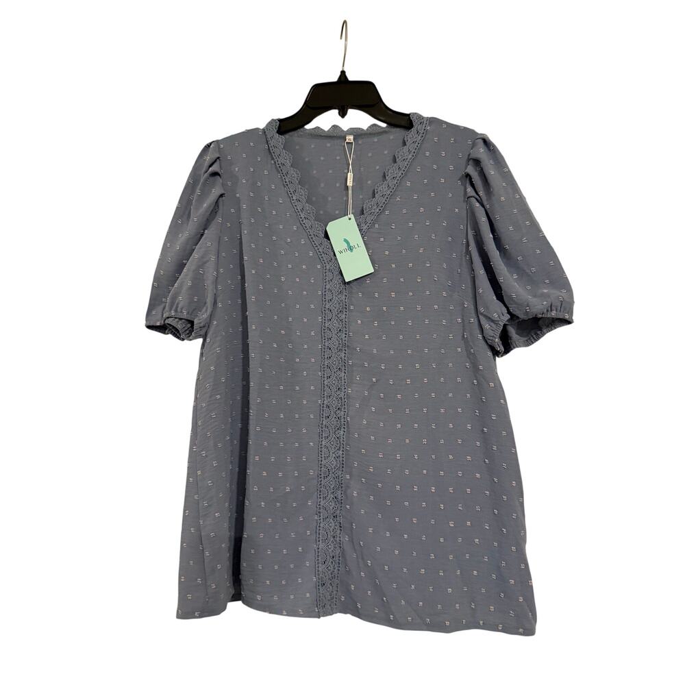 NWT WIHOLL Light Blue Swiss Dot Lace Trim Blouse Puff Sleeve Top Women Size XL